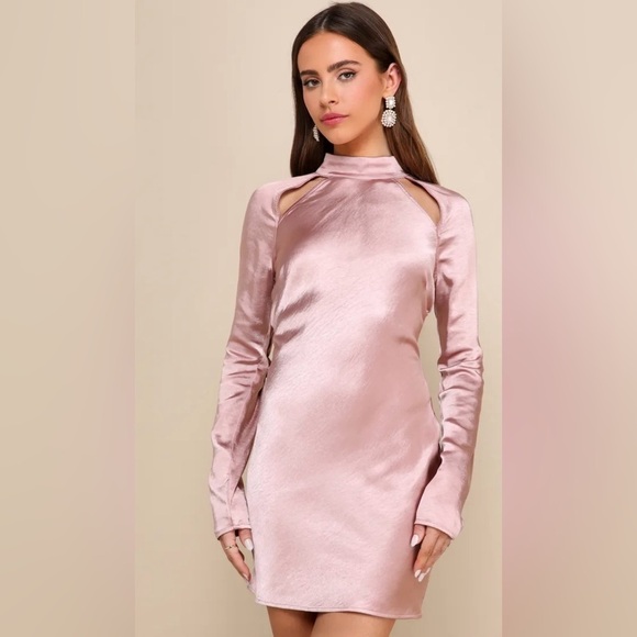 NWOT Lulus Poised Aura Dusty Mauve Satin Mock Neck backless Mini Dress size S - Picture 1 of 16